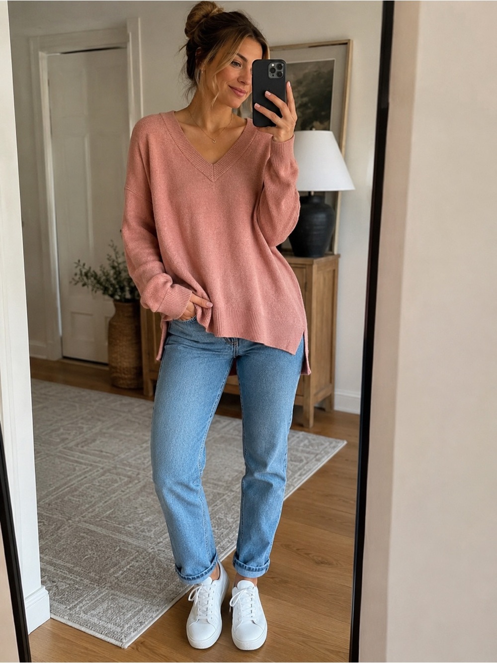 Banana Republic Pink VNeck Sweater Large Soft Knit Hi-Low Hem Oversized Pullover
